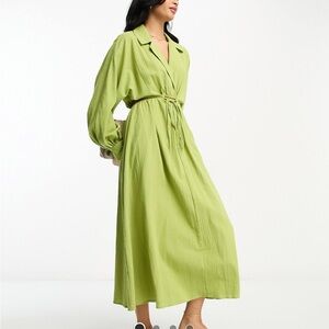 Green Long Sleeve Sundress with Notched Collar